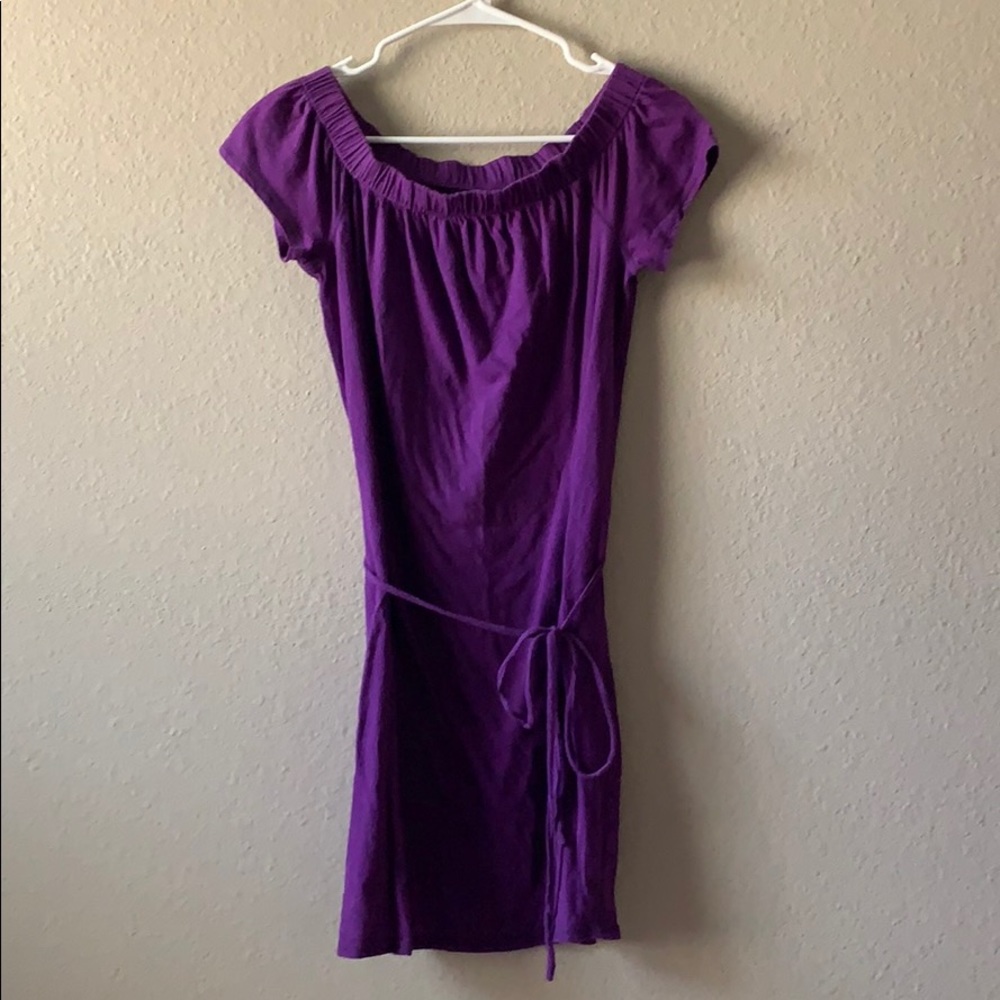 Purple, off-the-shoulder dress with tie-string
